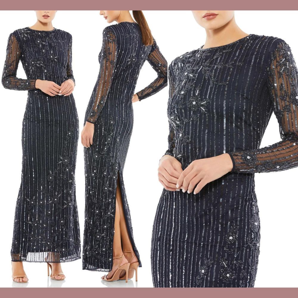 NWT$598 Mac Duggal [ 6 ] Embellished High Neck Long Sleeve Gown 93626‎ Mid Blue